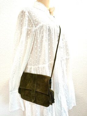 Boho Dark Olive Suede Crossbody Bag Purse Festivals Rocker Concerts Travel Vaca